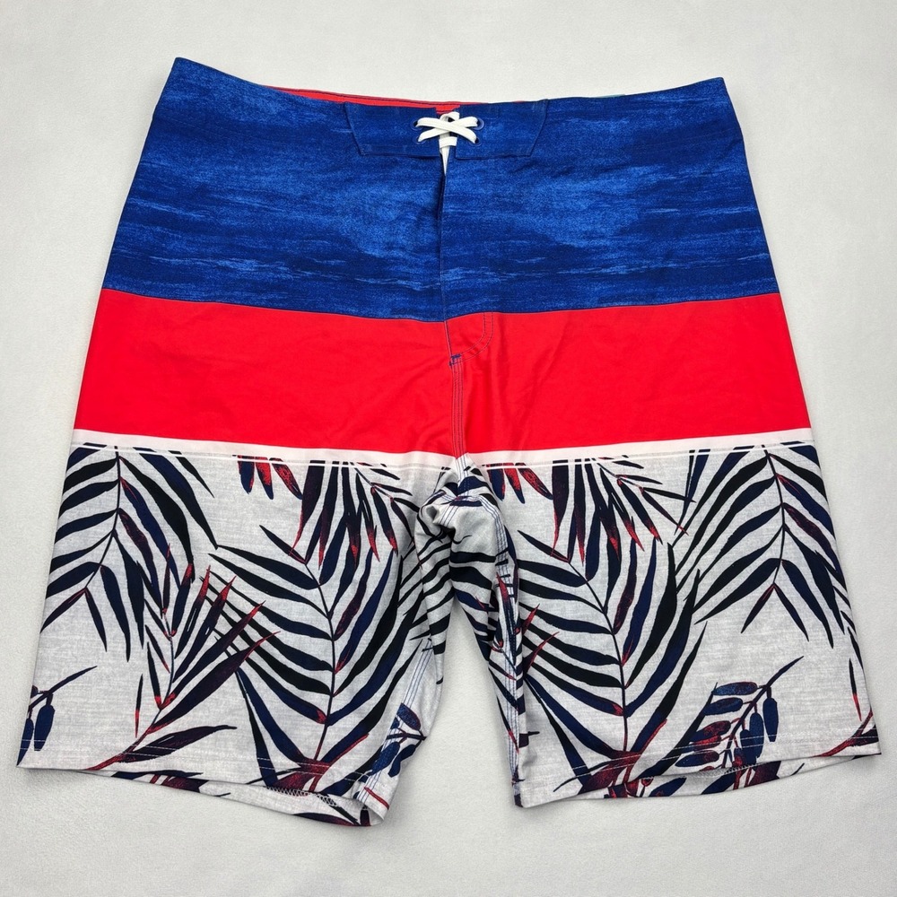 NWT Old Navy Boardshorts Mens 36 Blue Red Colorblock Palm Print Swim Trunks Flex